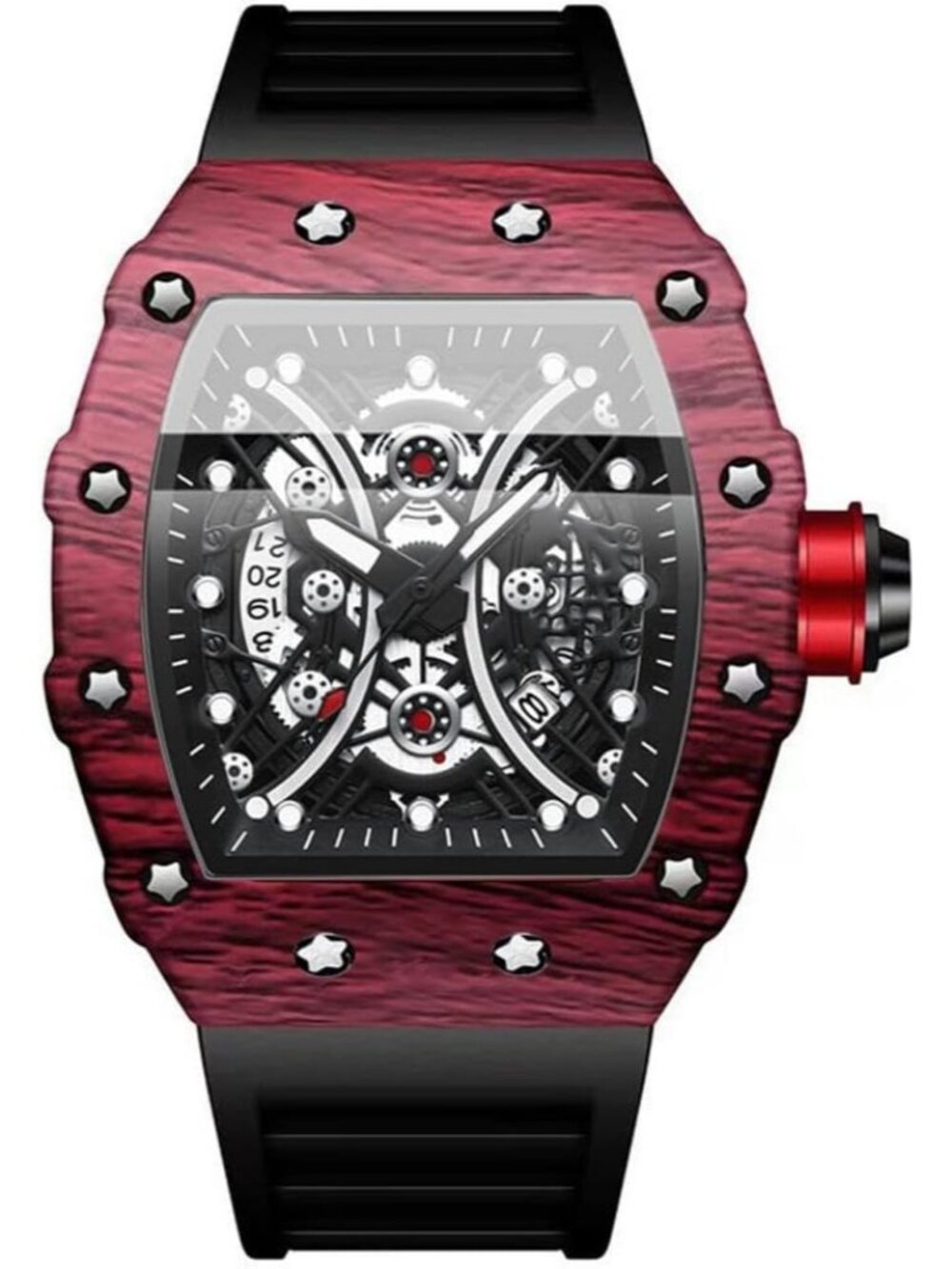 Men's Black Red Analog Quartz Silicone Strap Barrel-Shaped Skeleton Luxury Watch